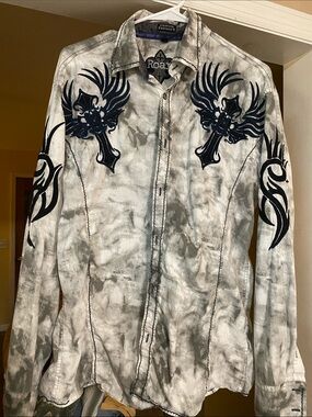 Roar Gray Tie-Dye Long Sleeve Shirt with Black Tribal Embroidery